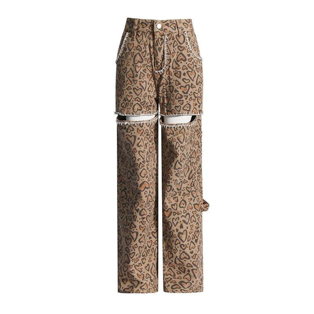 Pantalones de mezclilla de pierna ancha con diseño de leopardo y cintura alta