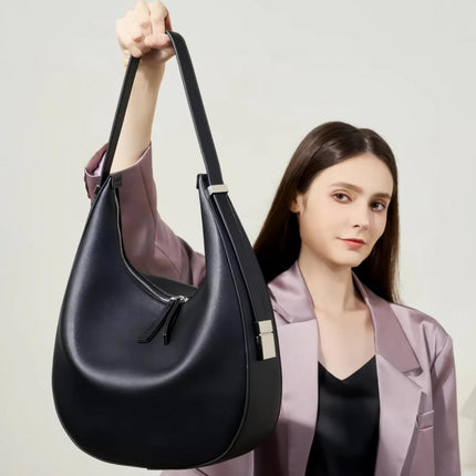 Sac bandoulière luxueux en cuir souple - Sac lune de grande capacité pour femme