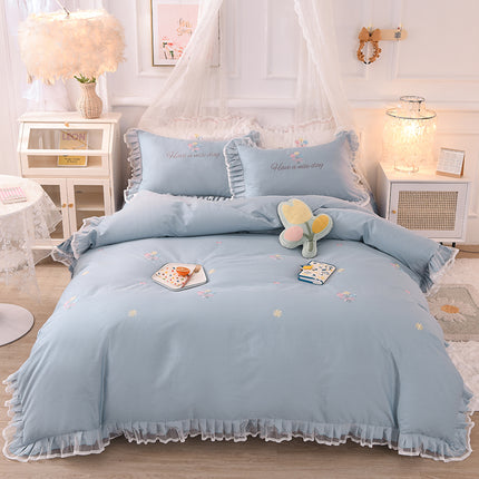 Summer Ruffled Cotton Four-piece Set Girl Heart Embroidery Flower Quilt Cover - Wnkrs