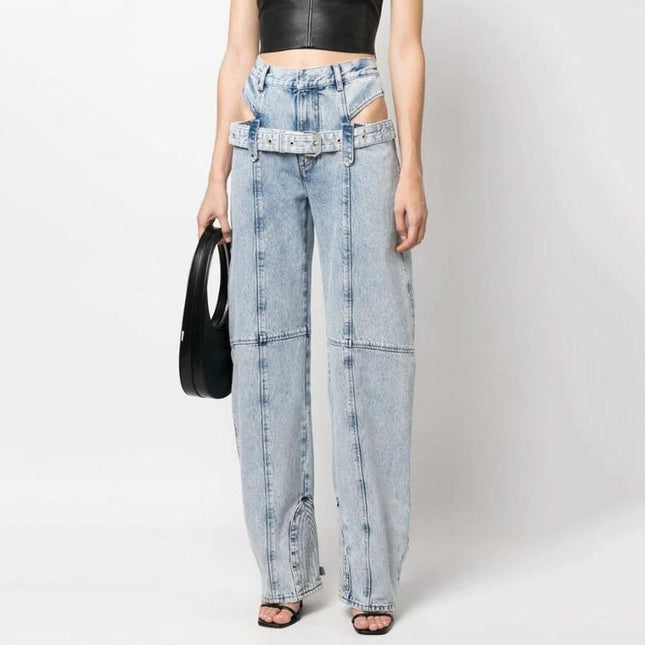 High Waist Casual Straight Denim Trousers with Hollow Out Detail