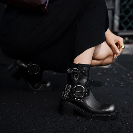 Bottines de moto élégantes rétro pour femmes avec sangles à boucle