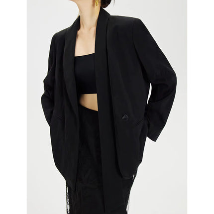 Blazer noir élégant avec décolleté et ruban pour femme de bureau