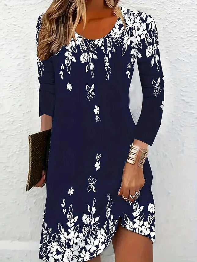 Robe de style rétro pour femme, été, plante amincissante, imprimée, col rond, manches longues