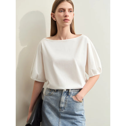 T-shirt minimaliste à manches lanternes en coton pour femme