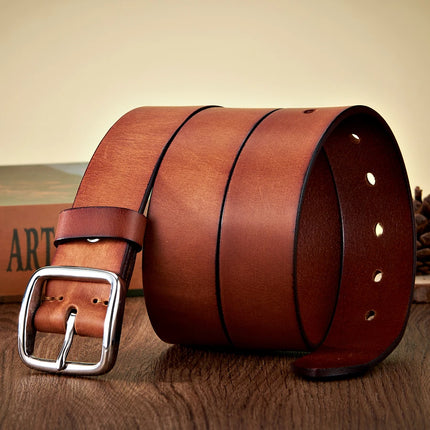 3.8CM Men’s Vintage Cowskin Leather Belt with Anti-Allergy Stainless Steel Buckle