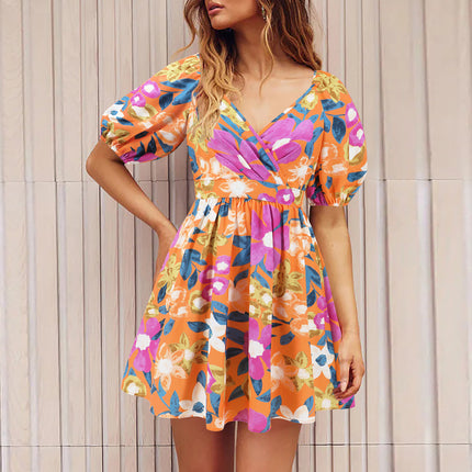 Robe à fleurs à col en V et manches lanternes Y2K, robes courtes de vacances d'été à la plage, vêtements pour femmes à la mode