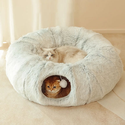 Cómoda cama túnel para gatos con cojín de felpa: nido plegable multifuncional para gatos de interior