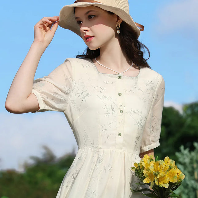French Floral Square Neck Summer Dress