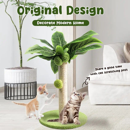 Green Leafy Cat Scratching Post with Sisal Rope and Playful Balls - Wnkrs