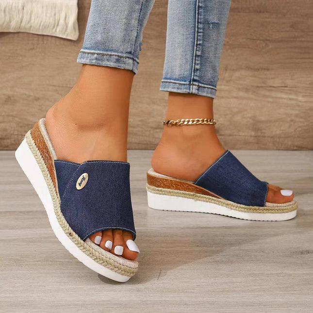 Sandales compensées en toile denim, pantoufles à talons hauts en chanvre à la mode pour l'été, chaussures d'extérieur à fond épais et bouche de poisson pour femmes