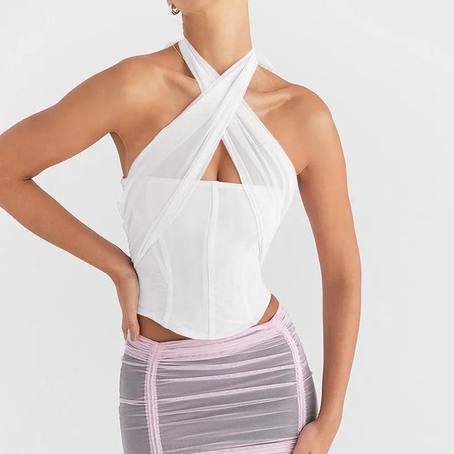 Top de tirantes con encaje, escote halter y espalda descubierta para primavera/verano