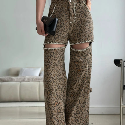 High Waist Leopard Patchwork Denim Wide-Leg Pants