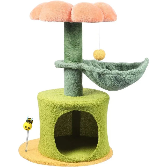 Torre para gatos con hamaca y diseño de árbol de flores