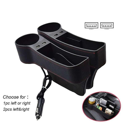 Leather Car Seat Gap Organizer with Dual USB Charging & Cup Holder - Wnkrs