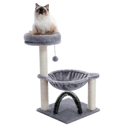 Arbre à chat compact avec hamac, griffoir et panier en peluche