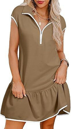 Women's Short Sleeve Polo Collar Zipper Waist Dress