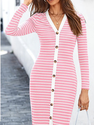 Striped Women's Long Sleeve Mid-length Dress Decoration