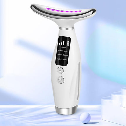 Dispositivo de estiramiento facial y de cuello con luz LED de 7 colores y masaje vibratorio: 7 modos, 3 niveles de intensidad