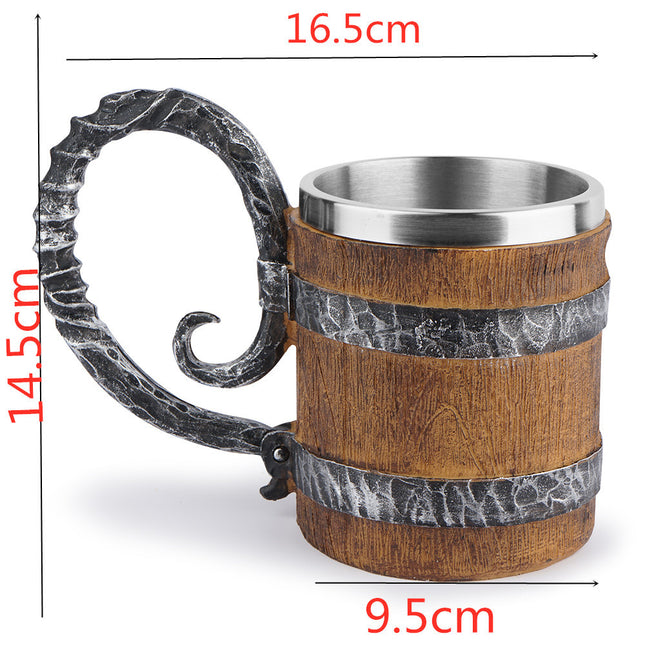 Simulation Wooden Barrel Double-layer Beer Creative Personality Resin Stainless Steel Liner Drinking Cup - Wnkrs