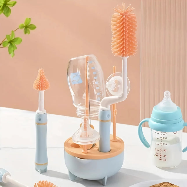 Juego de cepillos de silicona para biberones con rotación de 360 ​​grados, mango largo y rejilla de secado