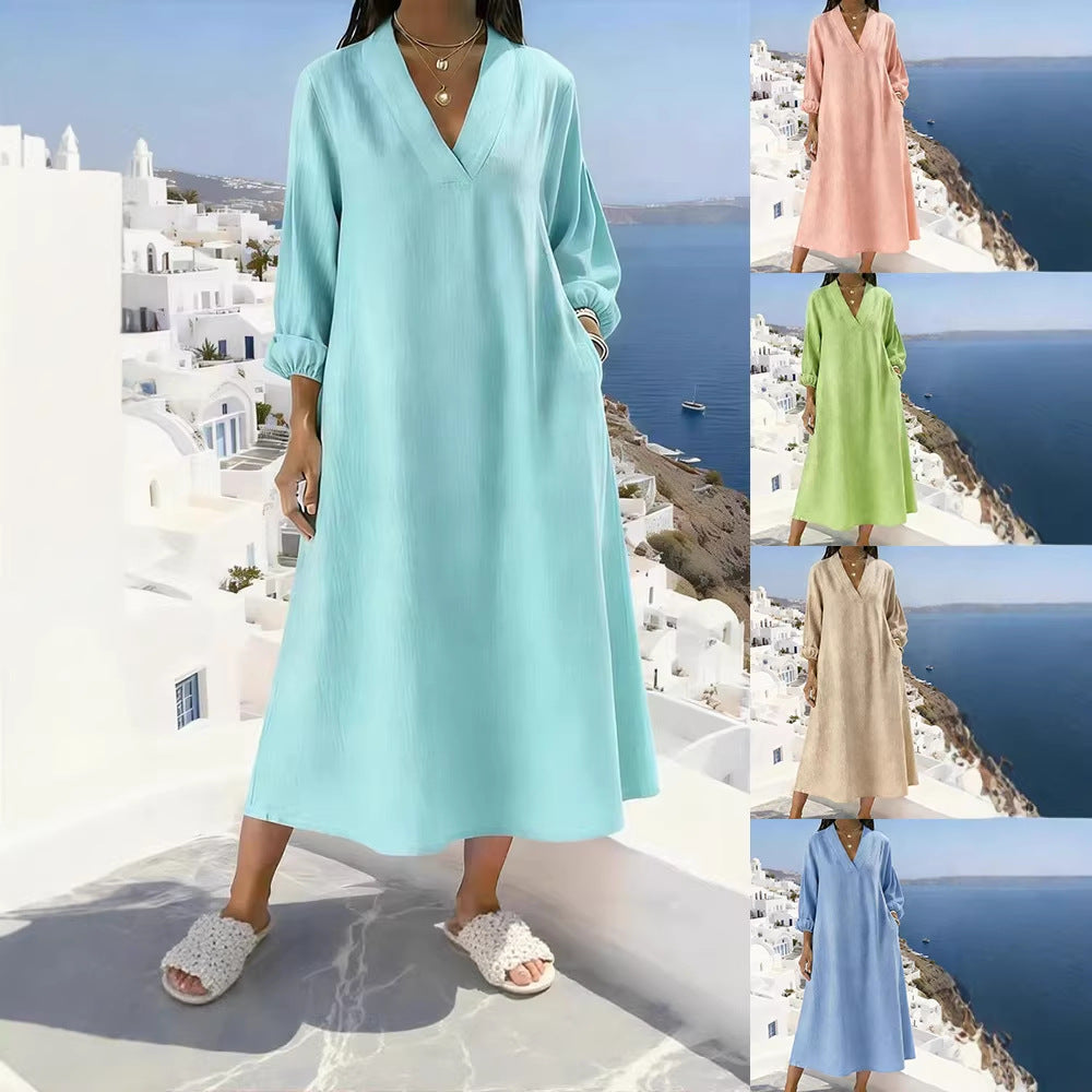 Womens Casual Straight-cut Long-sleeve V-neck Dress Available In Multiple Colors
