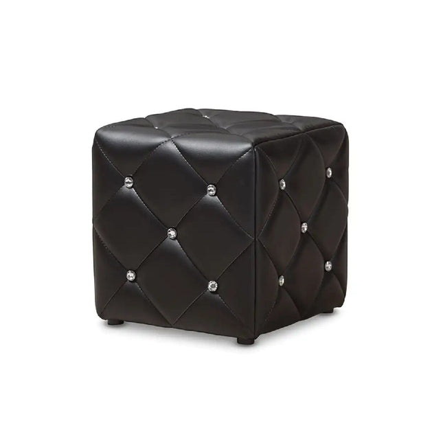 Contemporary Black Faux Leather Ottoman with Faux Crystal Tufting - Wnkrs