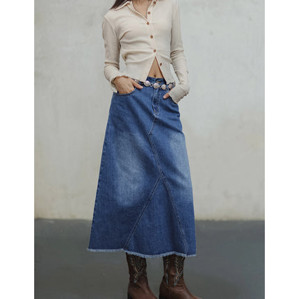 Jupe trapèze asymétrique en denim délavé vintage pour femme