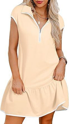 Women's Short Sleeve Polo Collar Zipper Waist Dress