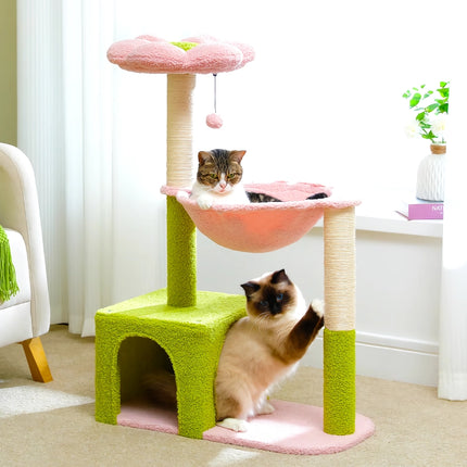 Árbol para gatos con forma de flor, hamaca grande y postes rascadores de sisal