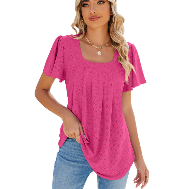 Summer Square Neck Pleated Short-sleeved T-shirt Loose Solid Color Ruffled Hollow Design Top For Womens Clothing - Wnkrs
