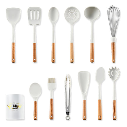 Creamy White Wooden Handle Silicone Kitchenware Set - Wnkrs