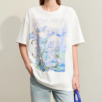 T-shirt en coton à imprimé artistique minimaliste pour femme - Haut décontracté à manches courtes