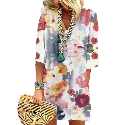 Half Sleeve Watercolor Little Flower Printing Dress