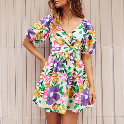 Robe à fleurs à col en V et manches lanternes Y2K, robes courtes de vacances d'été à la plage, vêtements pour femmes à la mode