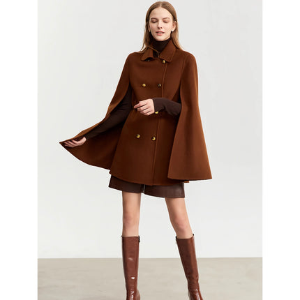 Manteau cape en laine et cachemire vintage pour femme avec ceinture en cuir