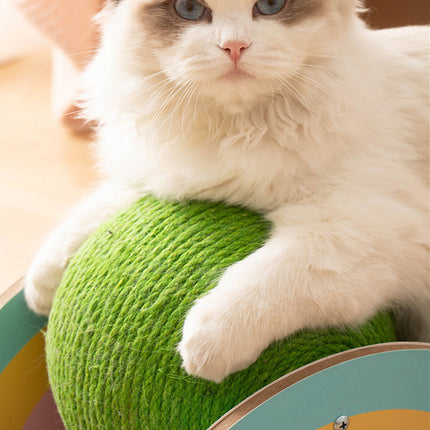 Griffoir en bois et sisal pour chat avec boule à gratter verte à deux niveaux