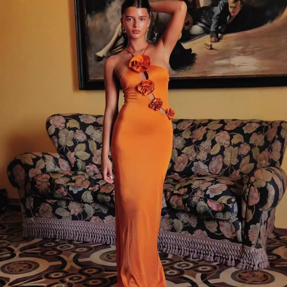Halter Sexy Hollow Three-dimensional Flower Dress