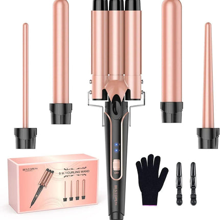 5-in-1 Multi-Function Curling Wand with 3-Barrel Crimper & Fast Heating - Wnkrs