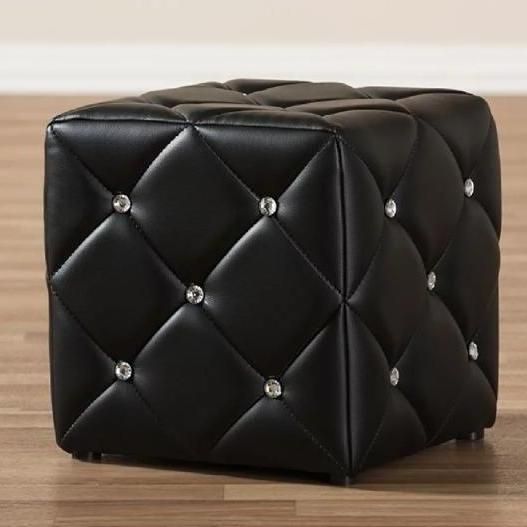 Contemporary Black Faux Leather Ottoman with Faux Crystal Tufting