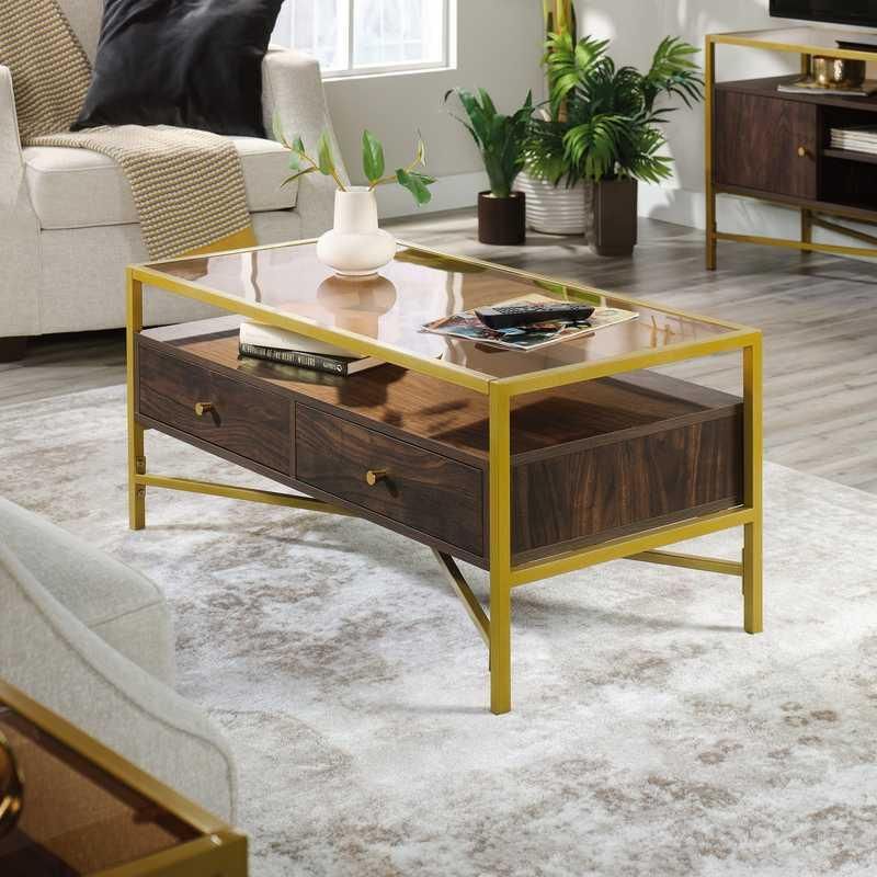 Glamorous Glass-Top Metal and Wood Coffee Table with Storage