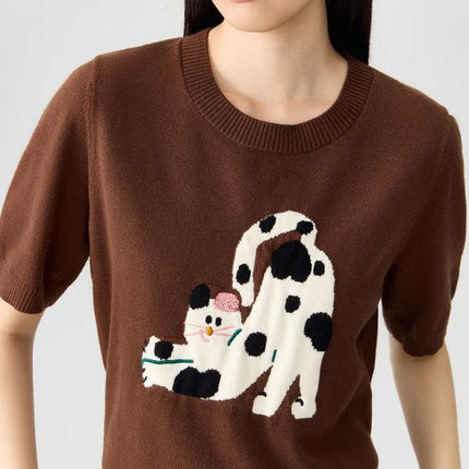 T-shirt brodé pour femme avec dessin animé d'animal mignon