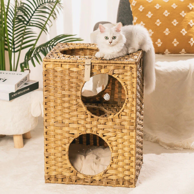 Wicker Cat Bed with Rattan Condos & Cushion - Wnkrs