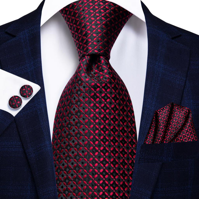 Burgundy Black Plaid Silk Necktie Set for Men