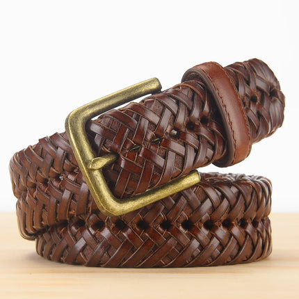 Men’s Genuine Leather Braided Belt – Vintage Knitted Strap, No Holes, High Quality