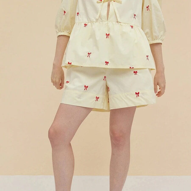 Bow Embroidery Shorts Set