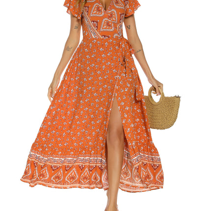 V-neck Split Bohemian Print Dress