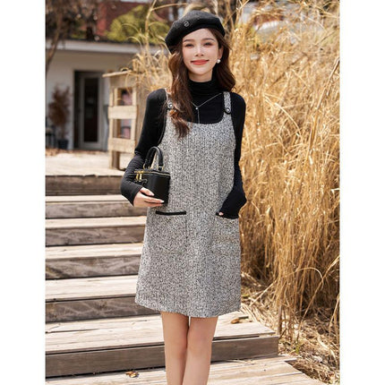 Robe élégante à bretelles en tweed longueur genou pour femme