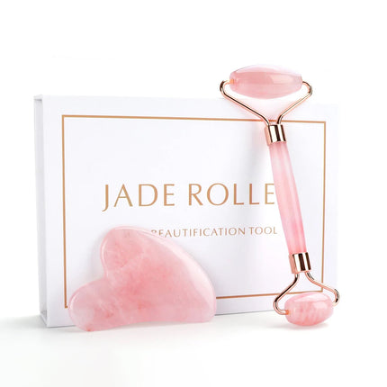 Juego de rodillo de jade y gua sha de cuarzo rosa natural