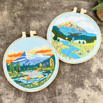 Kit de broderie de paysage DIY avec motif imprimé et cerceau en plastique