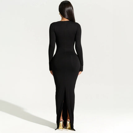 Robe longue sexy noire à fente asymétrique